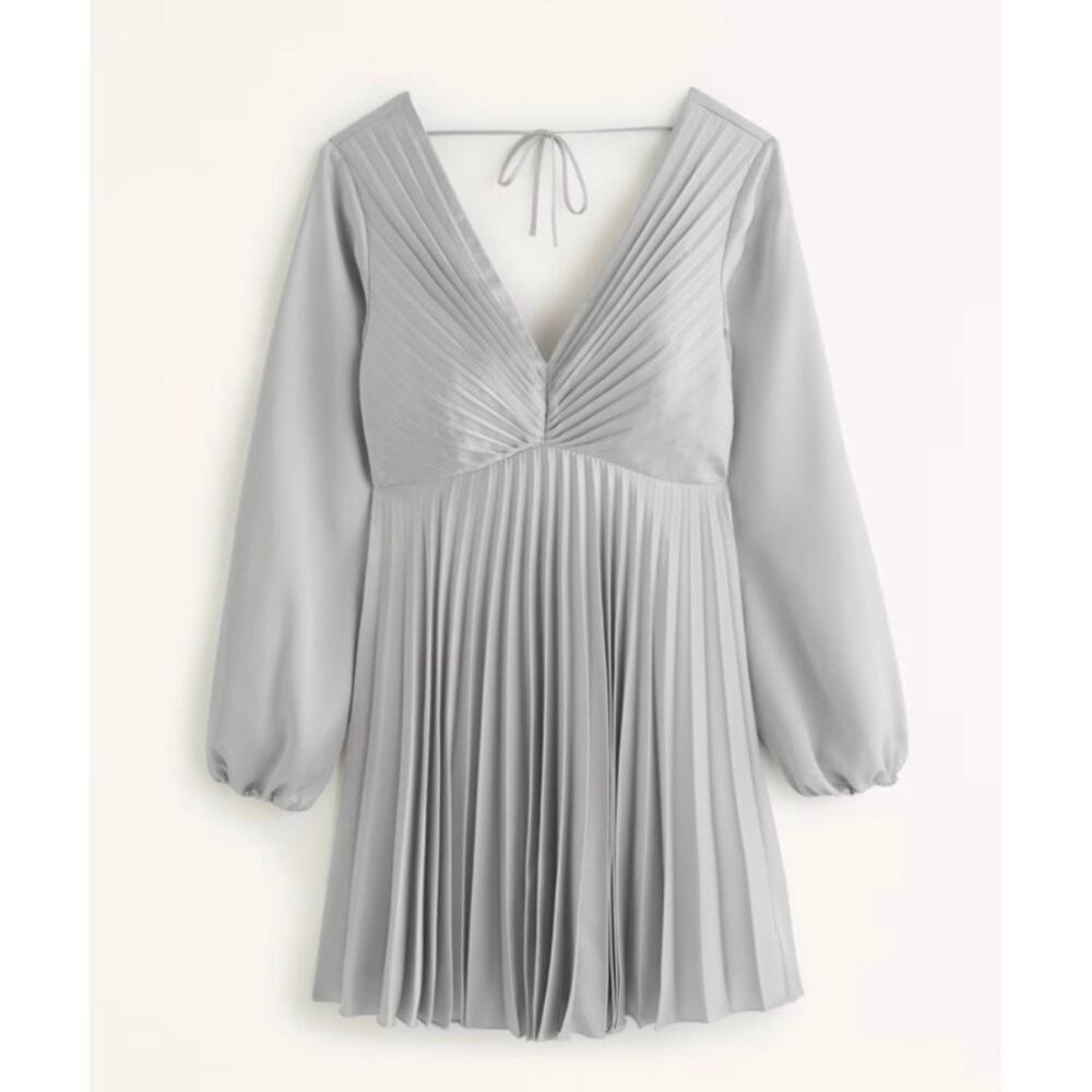 Abercrombie & Fitch Long Sleeve Satin Pleated Mini Dress Silver Grey Size Small